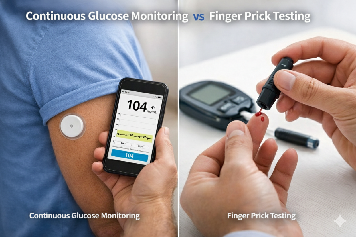 Continuous Glucose Monitoring vs Finger Prick Testing